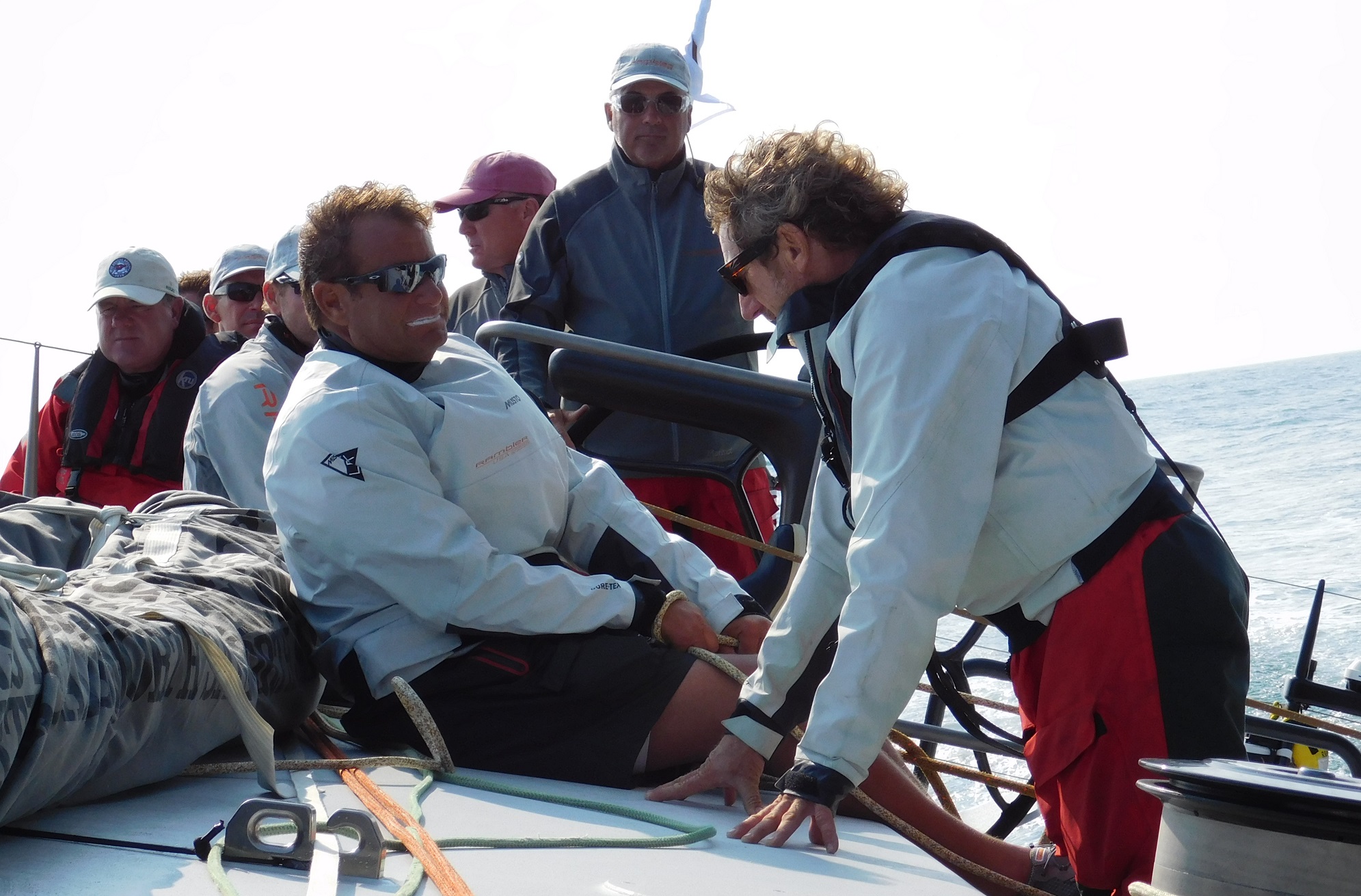 Onboard George David's Rambler88 during the Transatlantic Race. Former America's Cup winners and Alinghi teammates Josh Belsky (left) and Simon Daubney surely debate the merits of getting to sleep in your own bed each evening versus a swampy pipe cot inside a carbon fiber drum.
