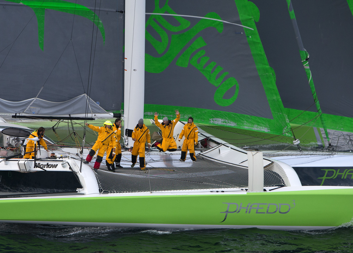 Phaedo³ celebrates finishing the Transatlantic Race 2015. (photo credit Rachel Jaspersen) 