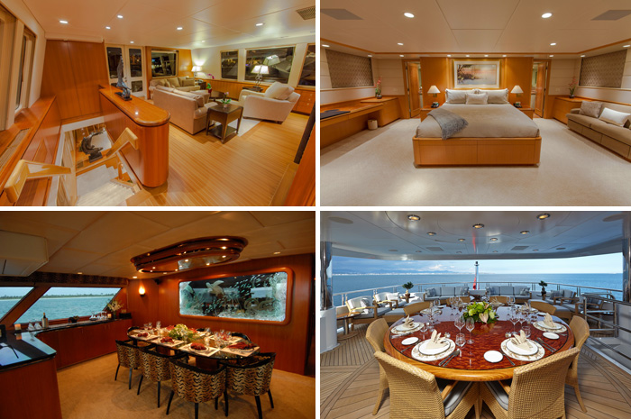 Clockwise from top left: interior and master suite aboard Loose Ends (photo credit Neptune Group Yachting/D&K Photography Inc.), dining areas on Kaleen (photo credit Neptune Group Yachting) and Zoom Zoom Zoom (photo credit Northrop & Johnson/Ed Holt)