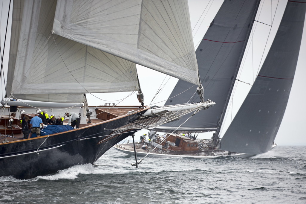 The 170’ (52 meter) schooner Meteor , built by Royal Huisman (foreground), and the 138’ (42 meter) J Class Sloop Ranger compete in the 2016 Candy Store Cup. Both superyachts will be back again for the second annual running of the event. (photo credit: Bill Black) Click photo to download in high resolution