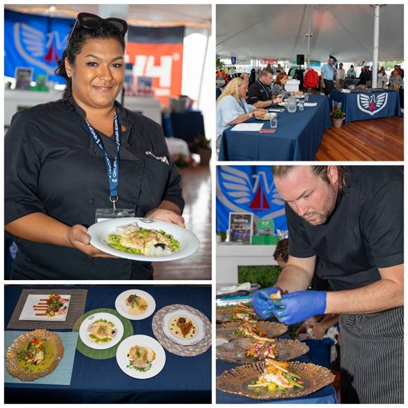 Clockwise from top left: Winning Chef Abby Pawlick M/V Enterprise; judges panel; runner-up Chef Rio Alexander M/V Endeavour; platings of presentations by six chefs. (photos by Billy Black)
