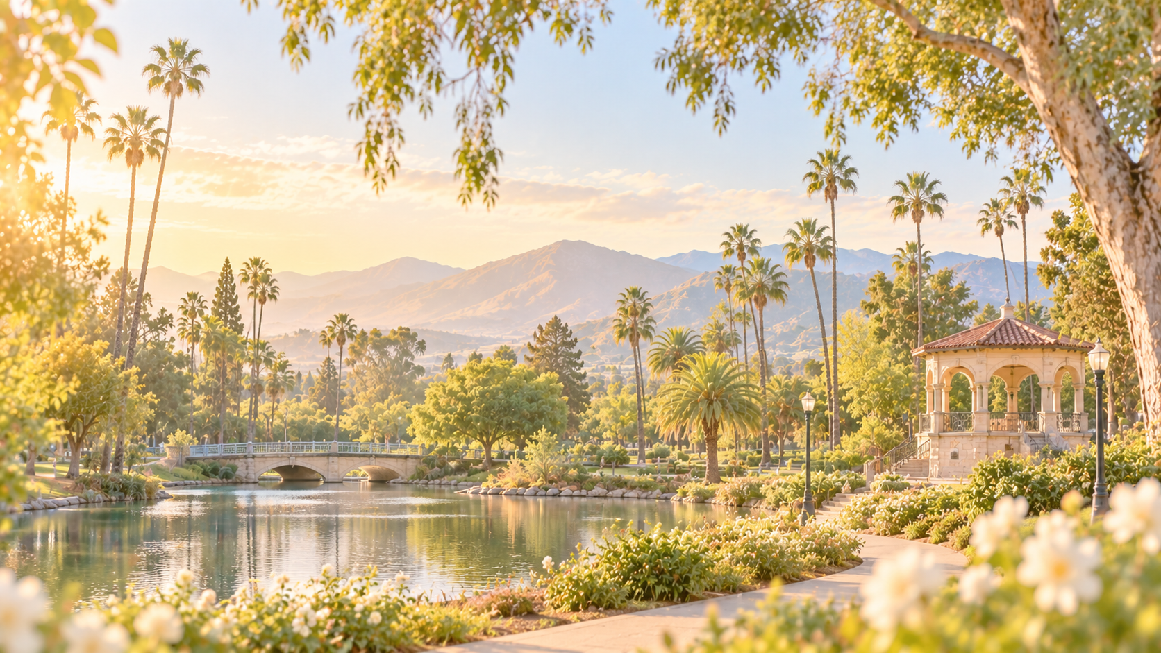 Golden-Hour Park with Gazebo and Lake.png
