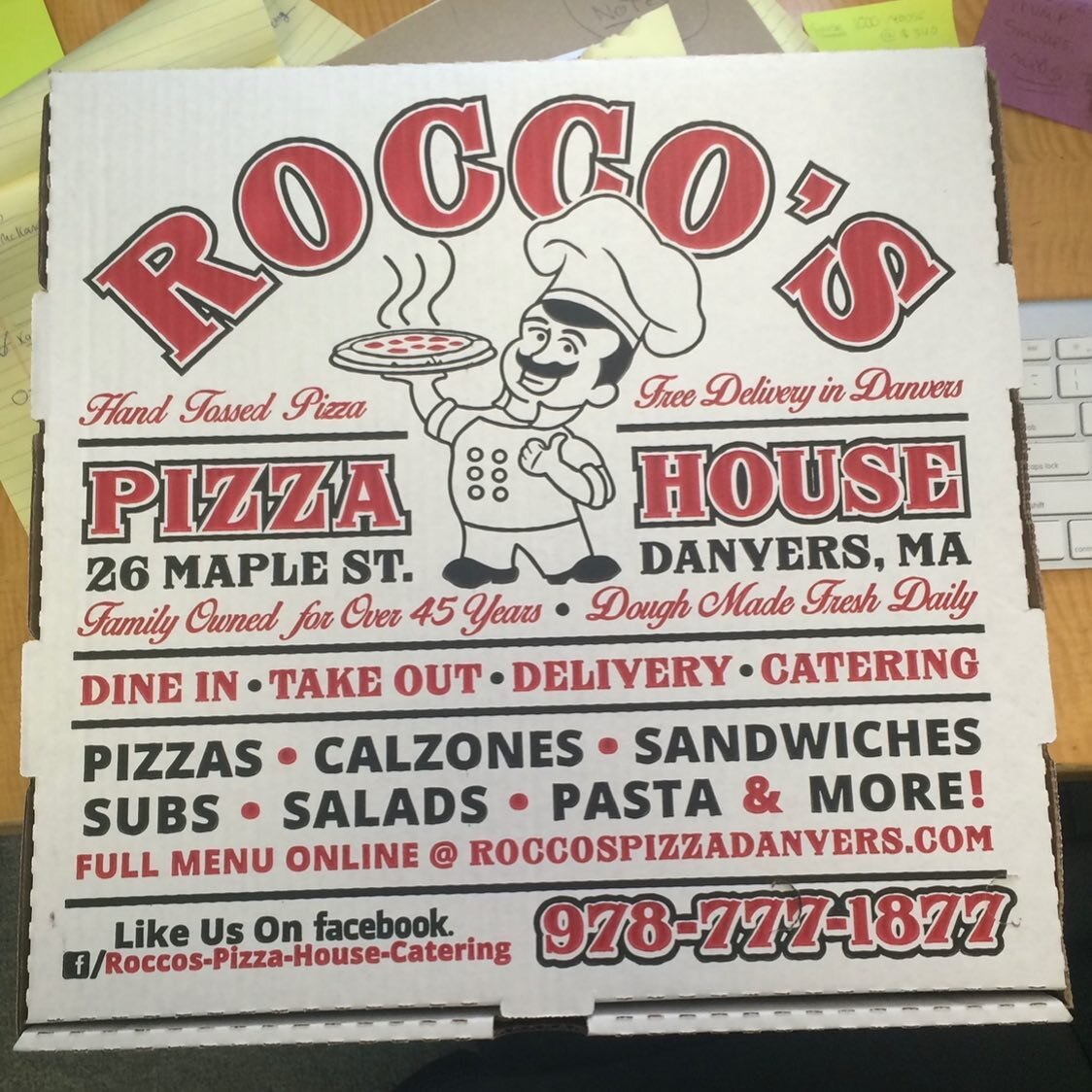 A few years ago I did a logo redesign &amp; rebrand for Rocco&rsquo;s Pizza in Danvers, MA (a @benfranklin_printco client ) This included designs for their shirts, hats, &amp; pizza box. #design #pizza #pizzabox #graphicdesign #logo #branding #neweng