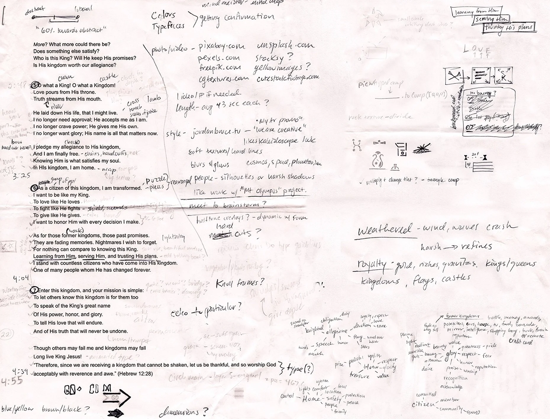 Script given to me and notes I made during the course of the project.