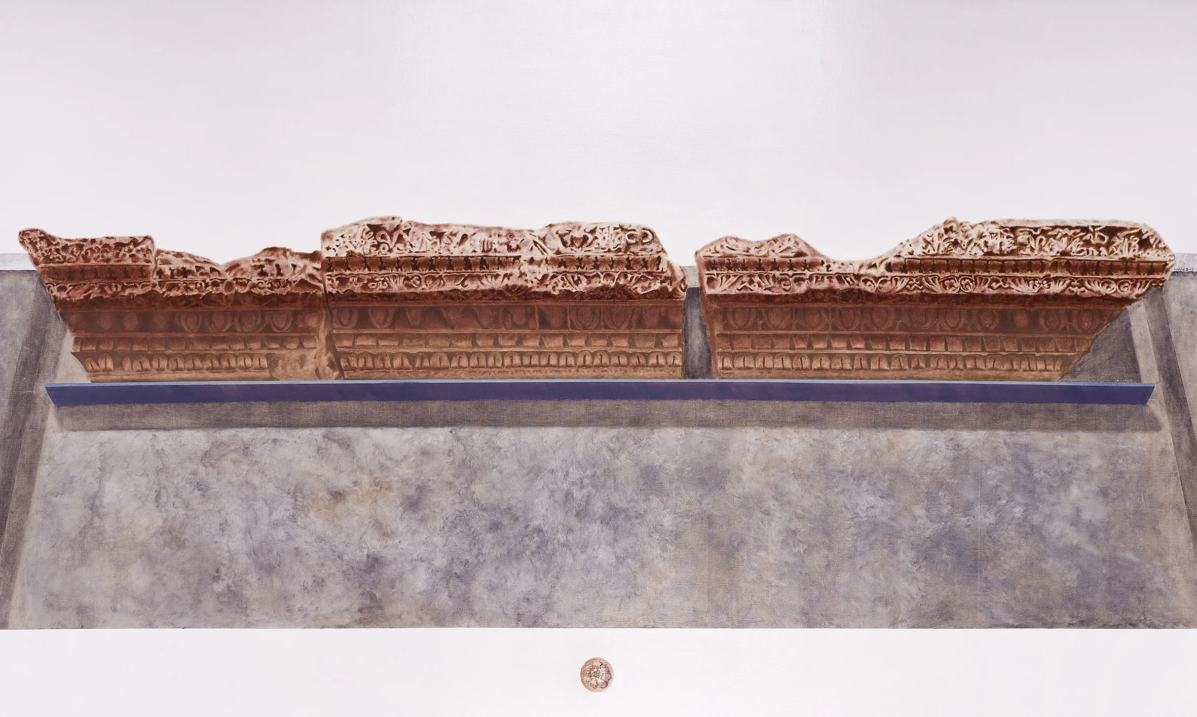 Fragment of Hadrian’s temple, Rome. Naples, National Archaeological Museum, 2019. Oil on linen; 105 x 177 cm