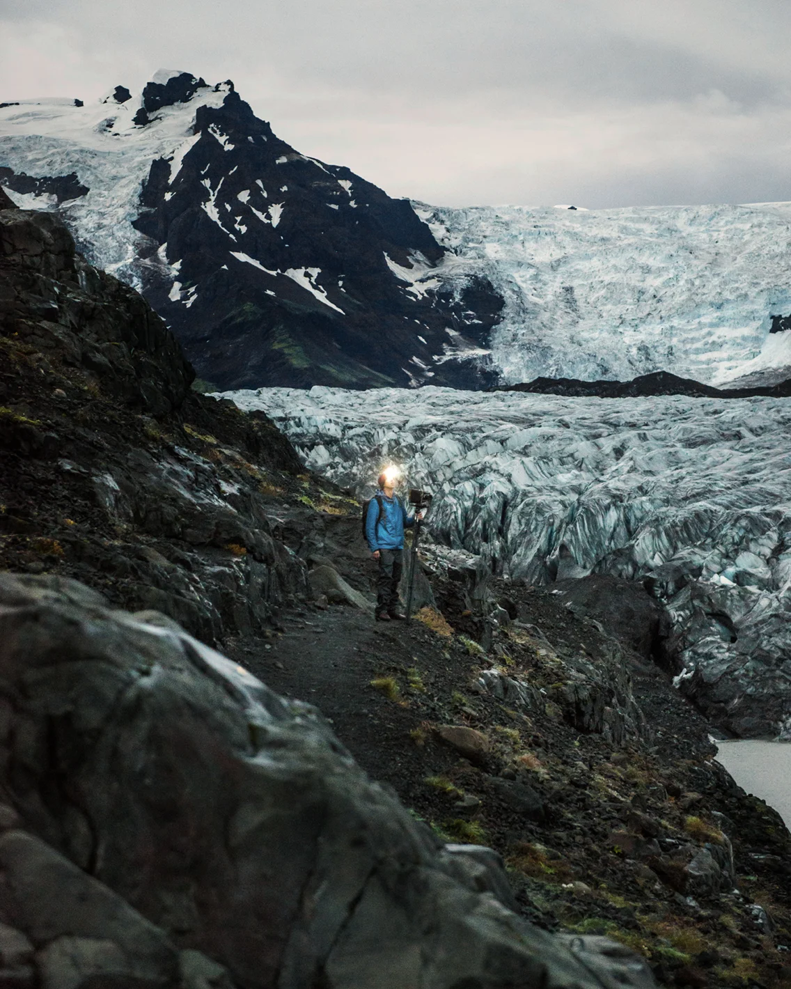 Walking back in the dark after making the scramble to photograph SKAFTAFELL GLACIER DETAIL in southern Iceland, 2017. Rob Larson photo.