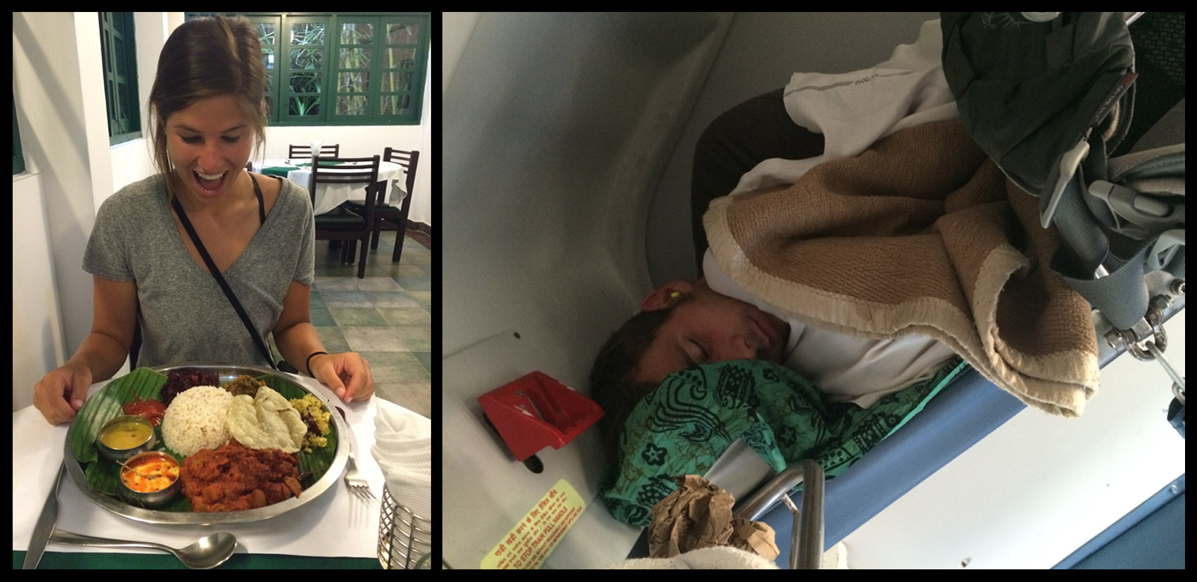 Left: Delicious Keralan Food. Right: Mikey asleep on the freezing 14 hour train ride. 