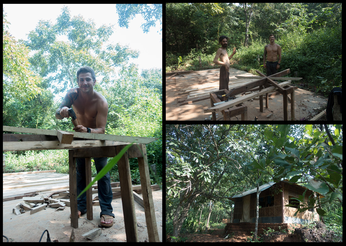 Left: Mikey working away! Top Right: Mikey and Tiago. Bottom Right: Our Jungalow!