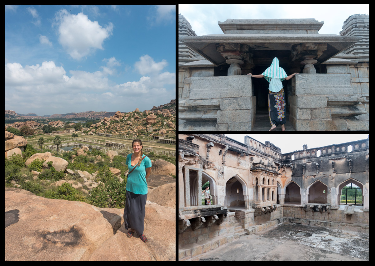 On the left, Mikaela standing above what was once the Jewel bazaar. The bottom right is the empty pool in which the queen of Hampi used to bathe.