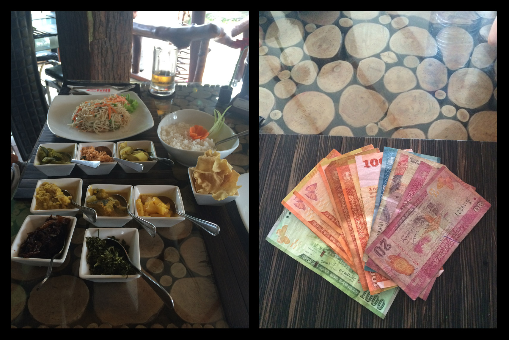A ten course rice and curry dish for one person (yes that's 10 separate spoons!) and the colorful Sri Lankan money. 