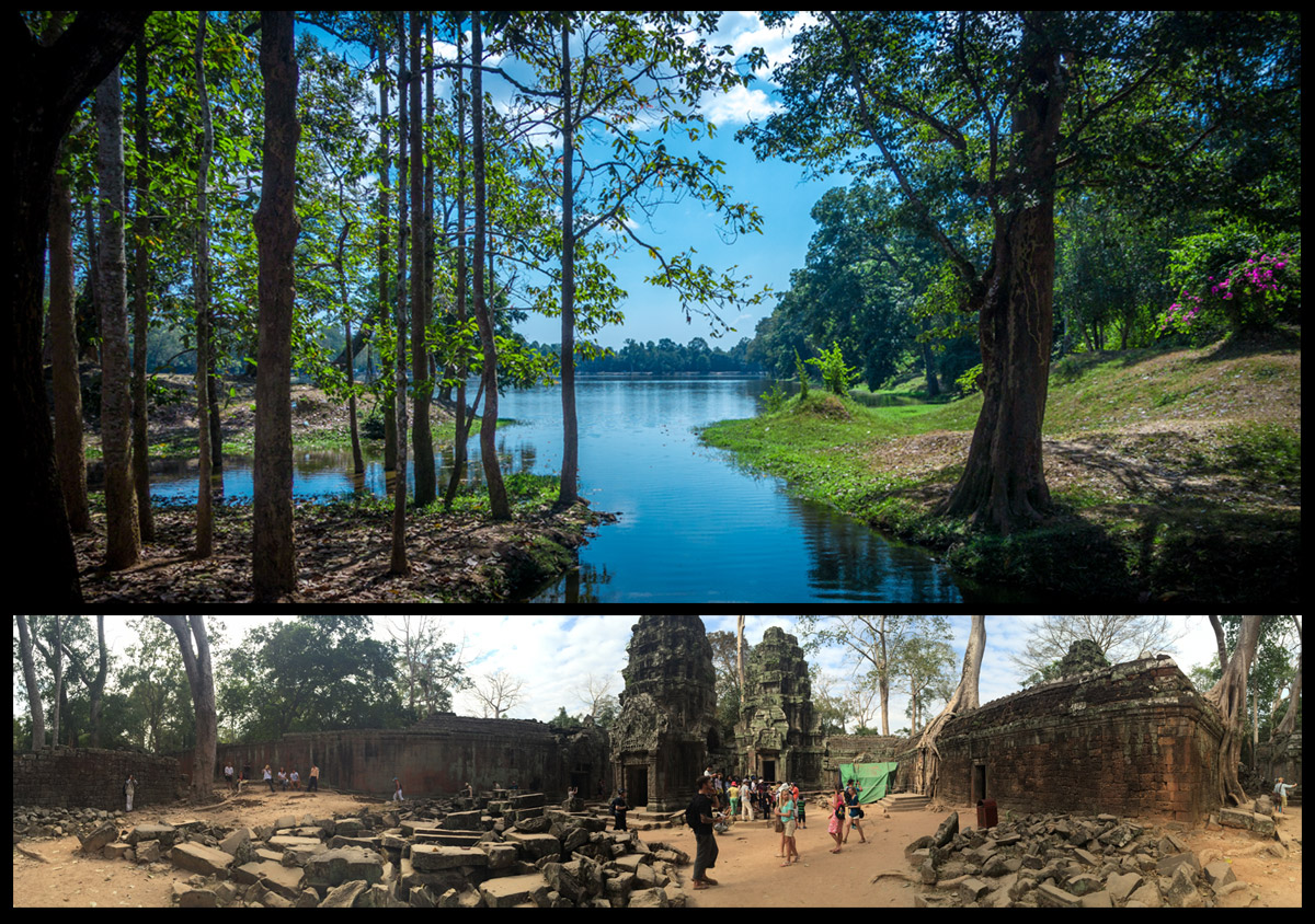 Above: A small part of the massive moat surrounding Angkor Wat. Below: The ruins of Ta Prohm. 