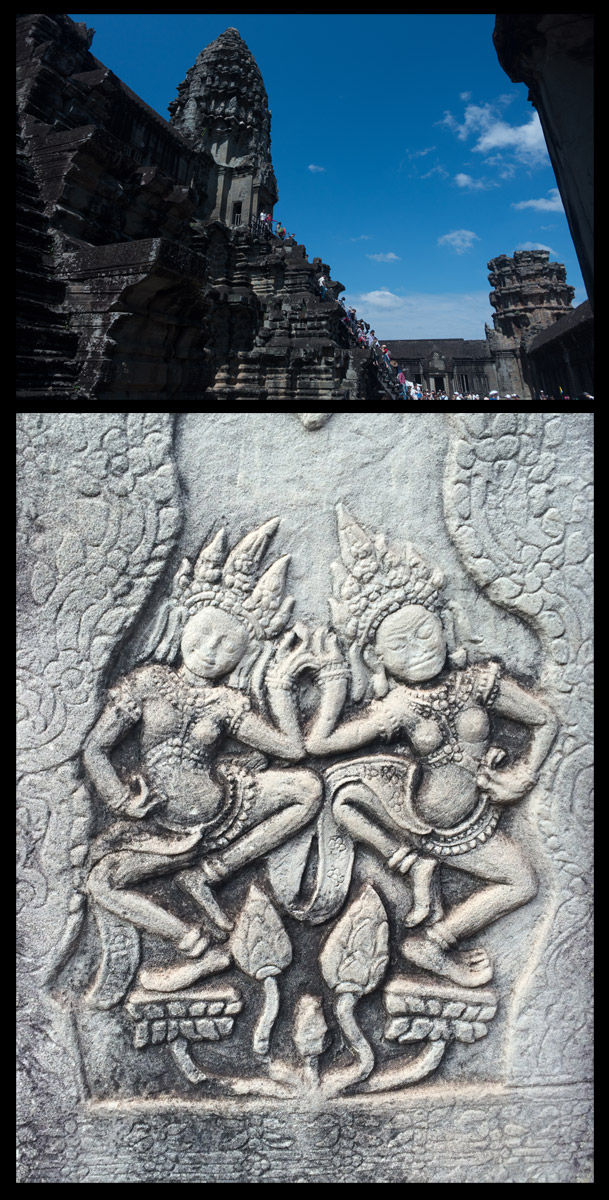 Above: The steep stairs leading to the heart of the temple. Below: Beautiful carvings covering every inch of the complex. 