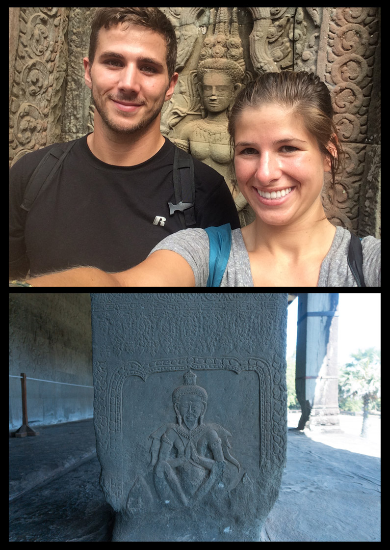 Above: Selfie with some amazing carvings at Ta Prohm. Below: Meditation Man at Angkor Wat. 