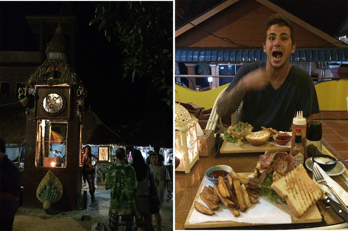 Left: Night Market where we bought a pocket watch from the clock tower. Right: Best western food we've had in ages!