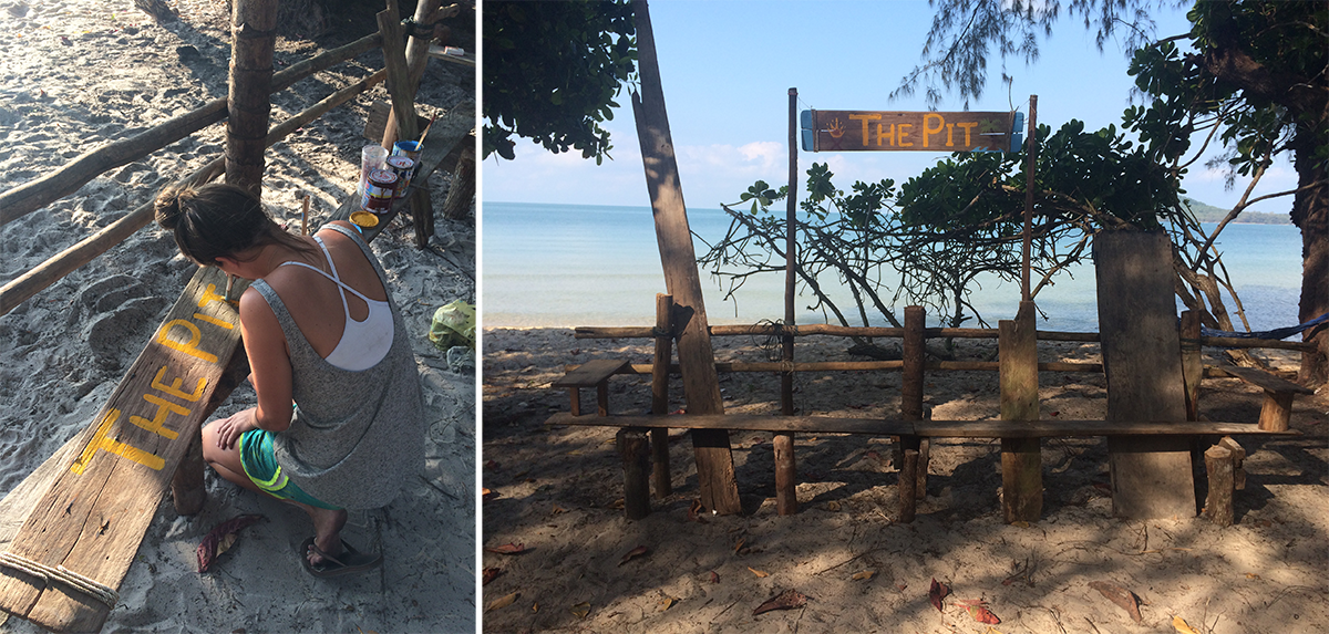 Building the campfire benches and painting the new swinging sign, "The Pit."