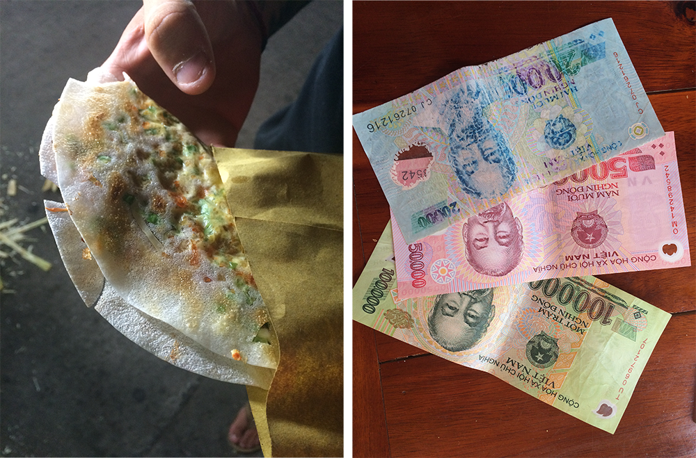 Left: Banh Xeo- rice paper quesadilla. Right: The Vietnamese Dong- stacking cheddar! 
