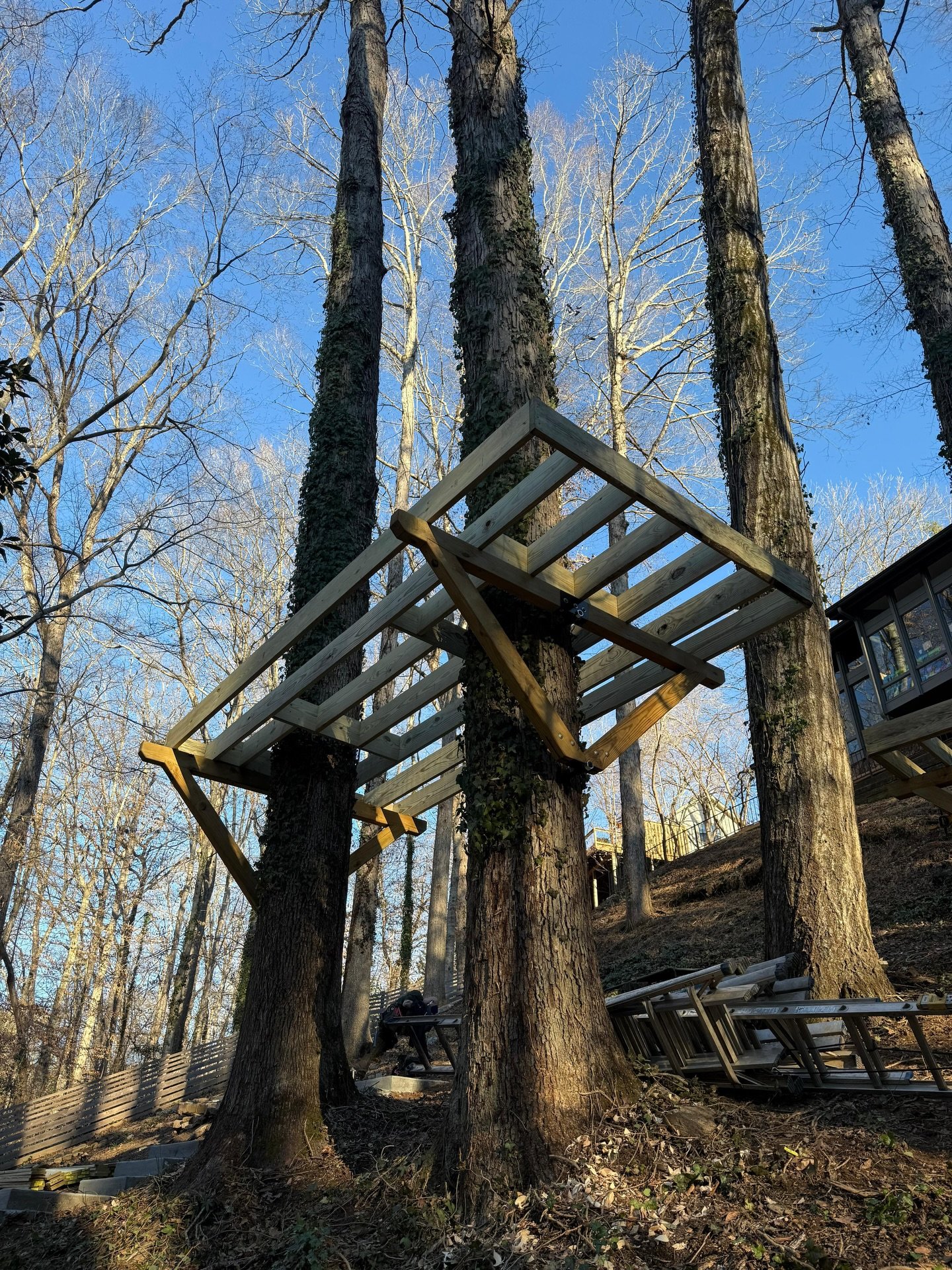 Floated two platforms up on day 1 of our new build. 🪽Follow along to see what we have in store for this one!

#treehousebuilding #customtreehouse #treehousebuilders #backyardtreehouse #atlantatreehouse