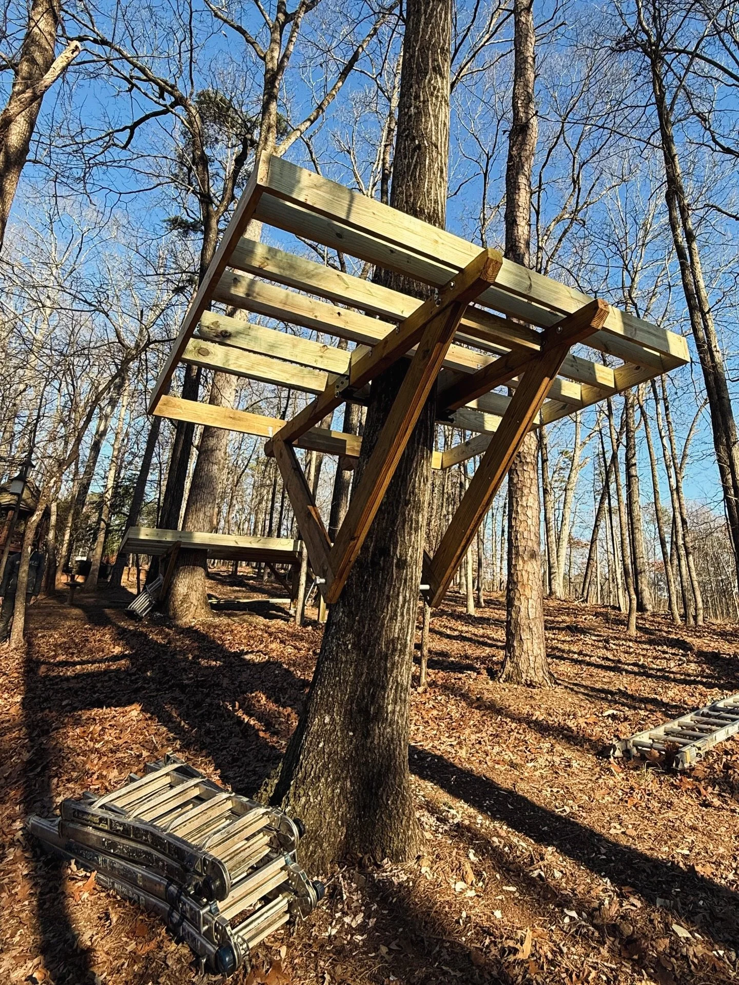 Our crew is cruising through this build. Day 2 and we&rsquo;ve got 2 platforms suspended, walls up, and a suspended bridge in progress. Want to see more? Follow along for updates. 

#treehousebuilder #tab #kidstreehouse #backyardretreat #outdoorplay