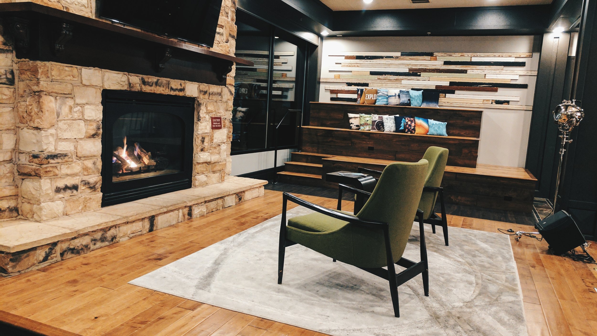 Lobby and Living Stage, next to the Victrola Coffee Roasters bar