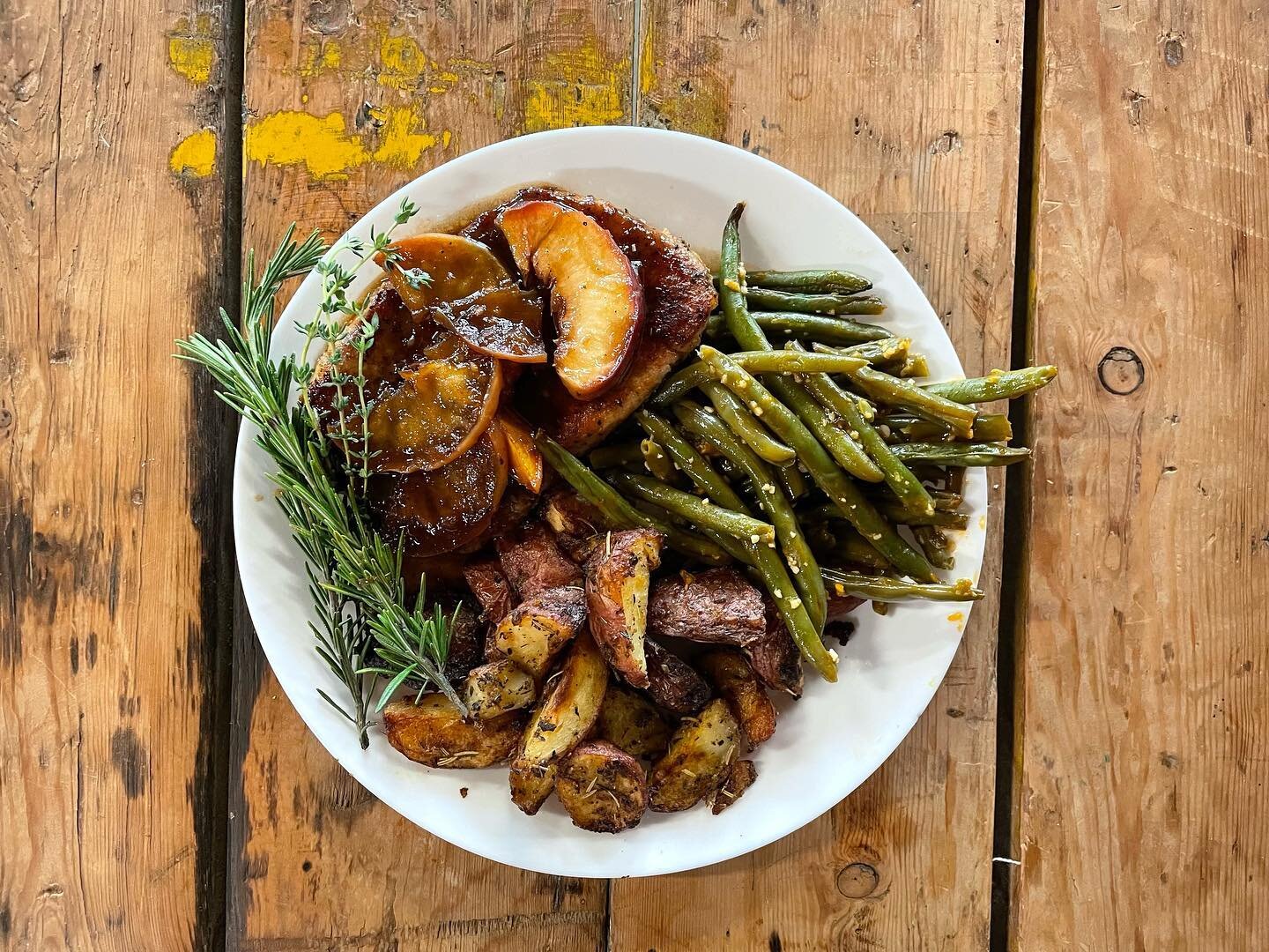 Today&rsquo;s Special - Pork Ribeye Chop- pan seared pork ribeye, saut&eacute;ed apple and peaches, apple balsamic bourbon sauce, &amp; roasted potatoes and green beans