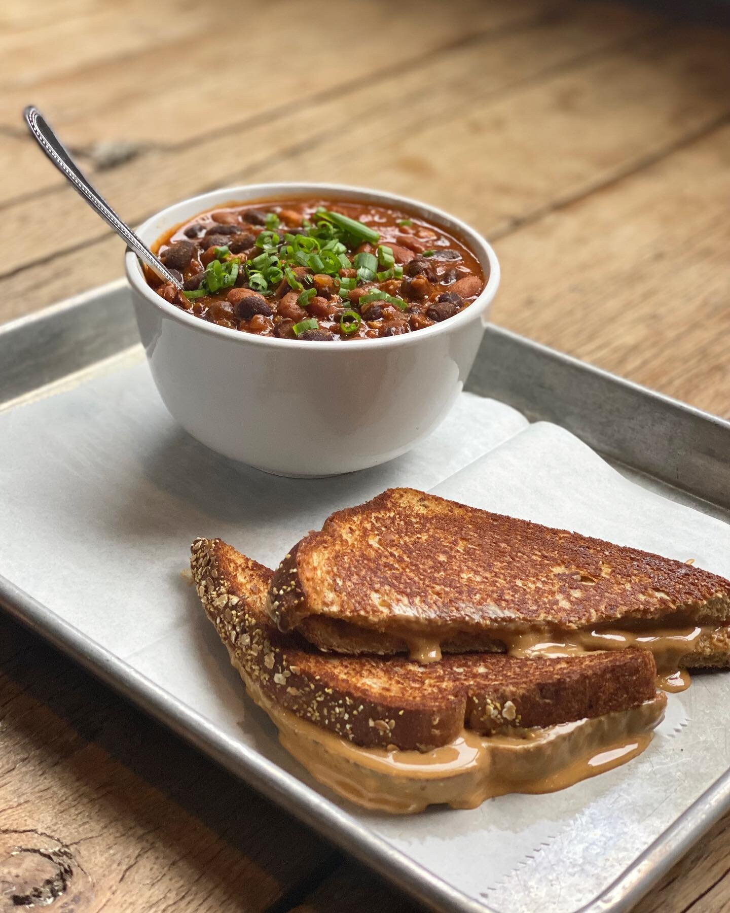 This rainy day calls for chili!  We&rsquo;ve got Coops famous chili every day, but today we&rsquo;ve got a vegan bean and tofu chili served with a pb&amp;j :)