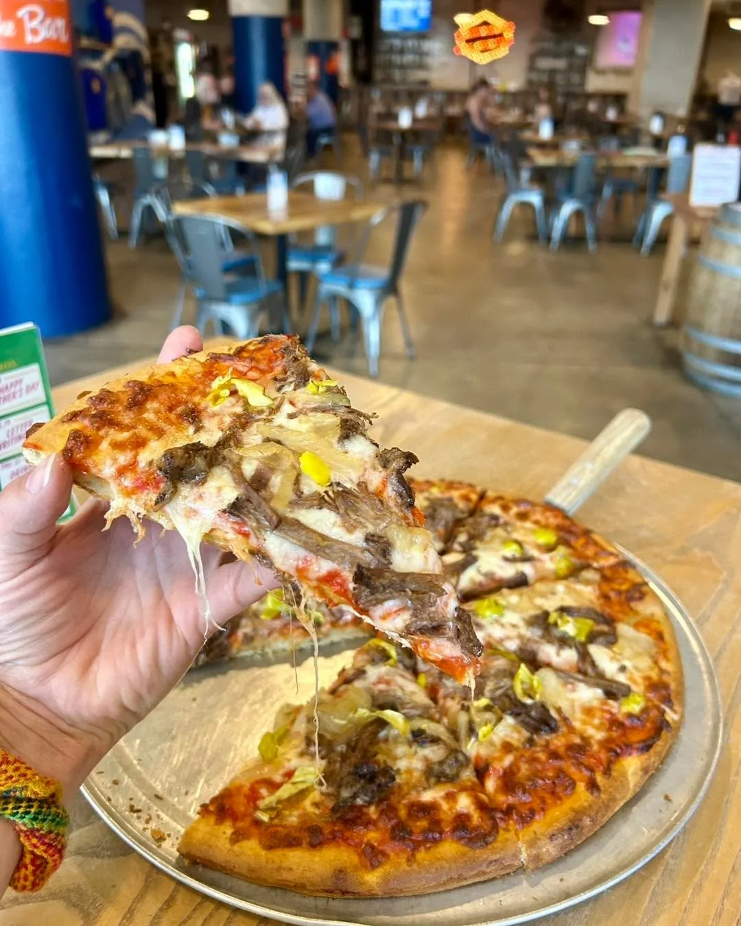 Happy Pizza Thursday!  Today&rsquo;s Specialty Pizza is topped with roasted red pepper marinara, mozzarella, pot roast, pepperoncini, and caramelized onion 🤤