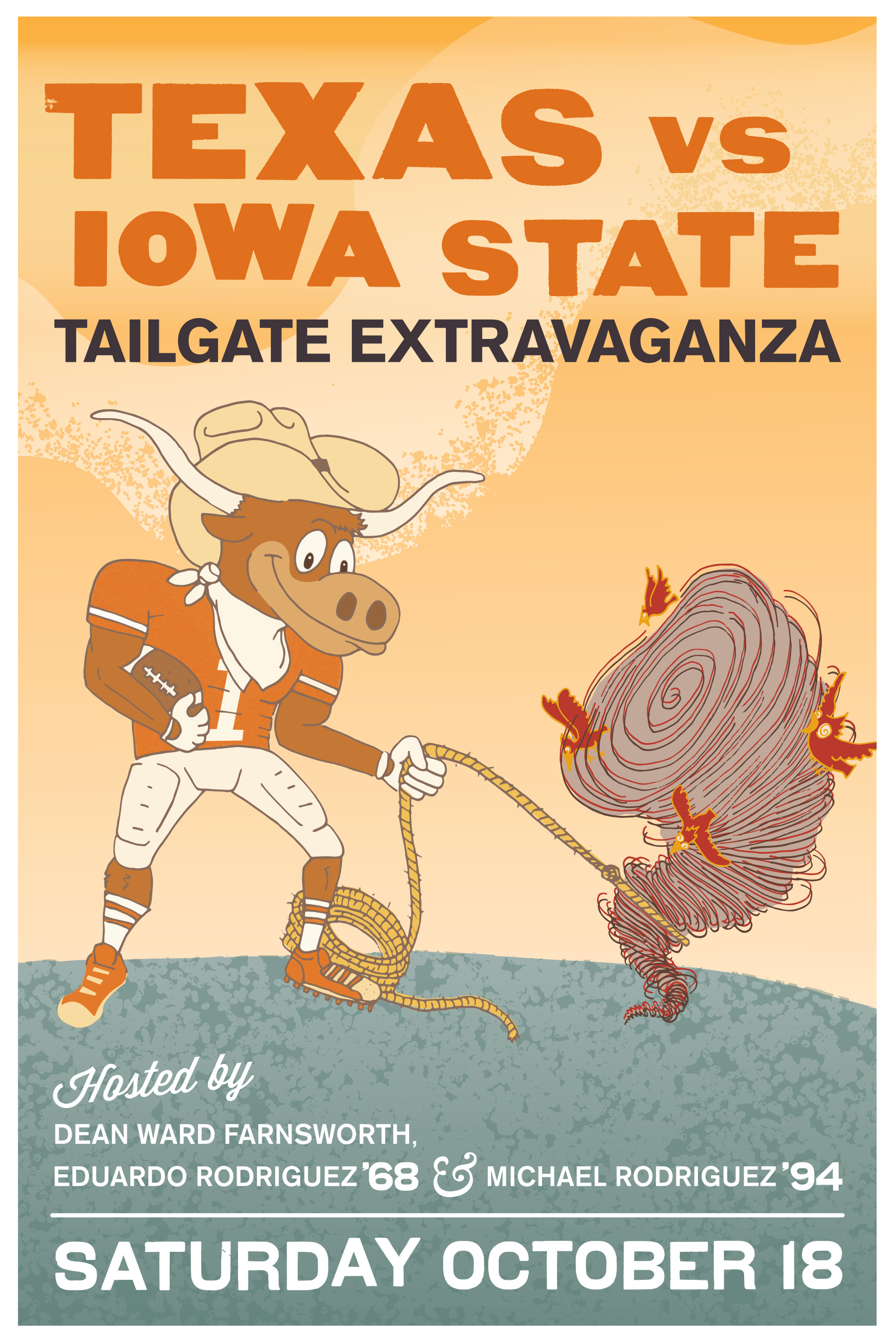 Postcard invitation for UT Law tailgate party / 2014