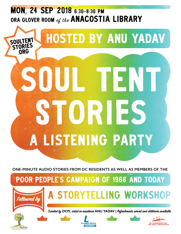 Soul Tent Stories flier, 2018 (design by Joshua Gamma)