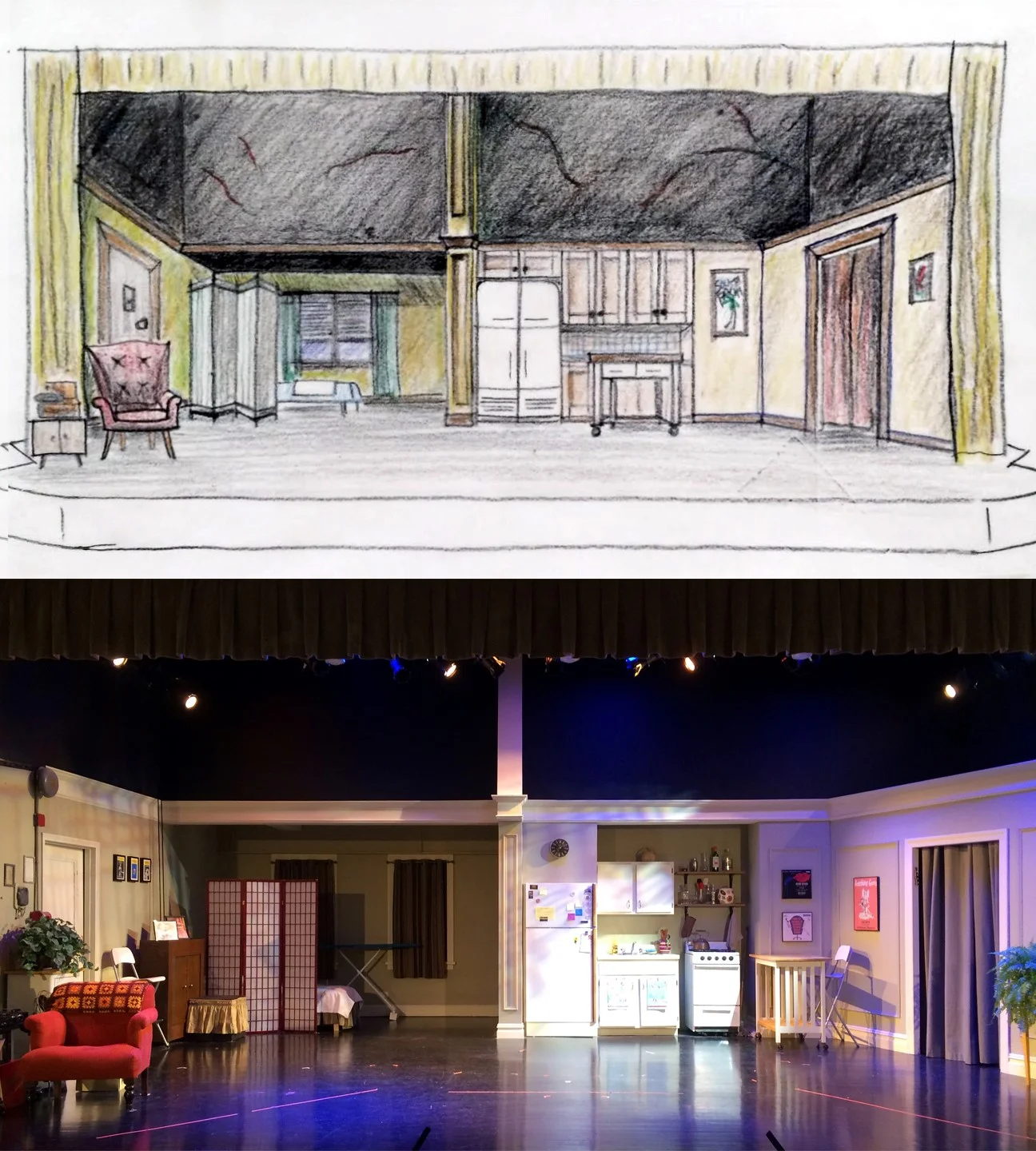 Above, an early design sketch; Below, the completed set.
