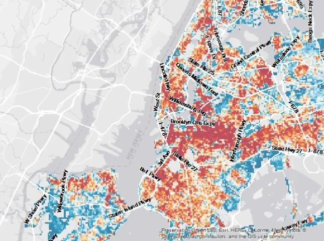 Red indicates older and smaller structures, while blue represents newer larger structures. (National Trust for Historic Preservation)
