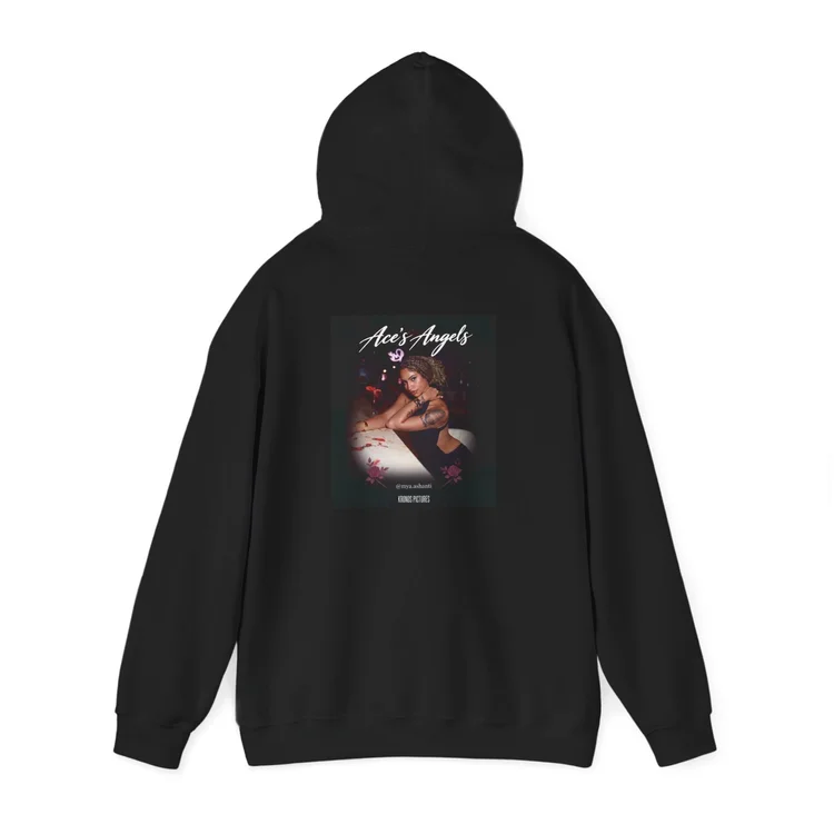 Mya portrait artwork on the back of a black hoodie