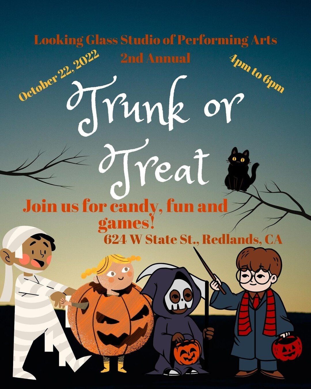 Come one! Come ALL!!!

Join us October 22nd, 2022 from 4pm to 6pm for our 2nd annual Trunk or Treat event! 

This event is FREE!!! And open to ANYONE.

We will have candy, dancing, and games!!

Hope to see you there!!!!!

#redlands #lgspa #lookinggla