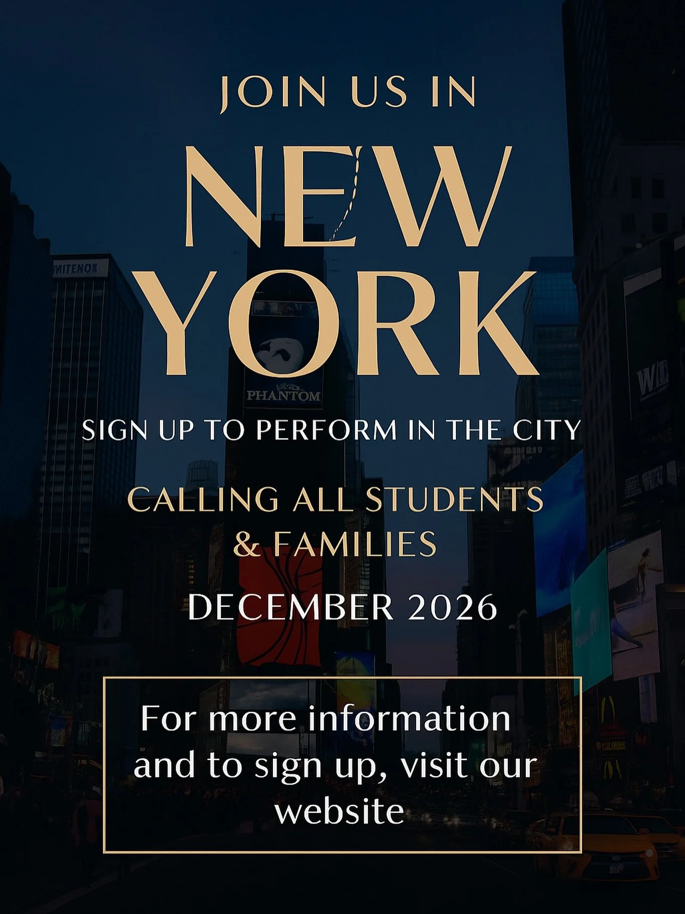 ✨ Big Apple Bound ✨
We&rsquo;re thrilled to announce that The Looking Glass Studio will be heading to New York City in December 2026 for an unforgettable Broadway performance experience! 🗽🎭

Students ages 7 and up can take the stage in Times Square