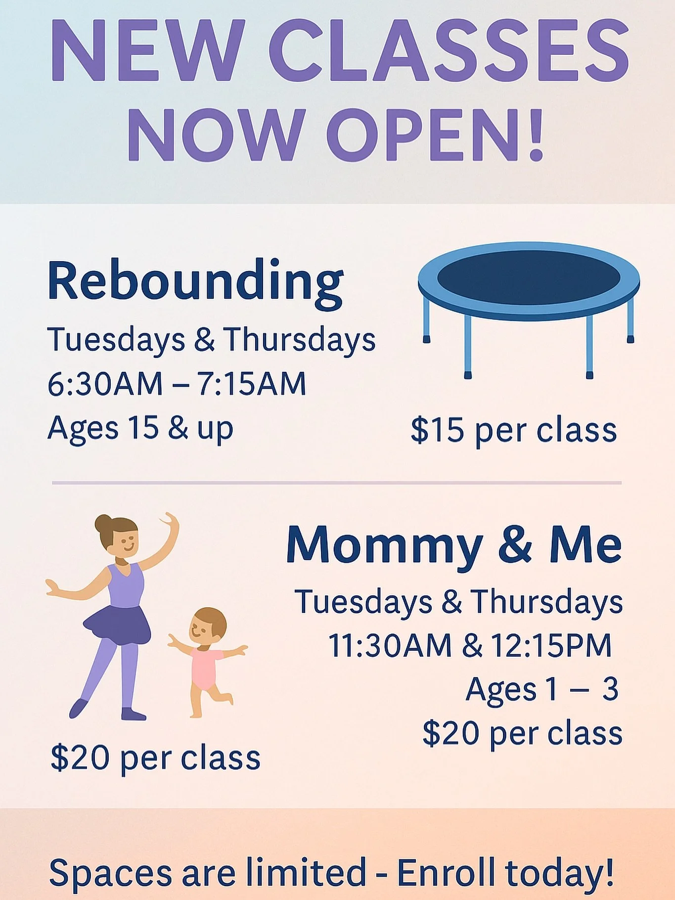 Start your mornings with Rebounding, our new mini-trampoline fitness class, or share some dance time with your little one in Mommy &amp; Me for ages 1&ndash;3.

📍 Studio B | Tuesdays &amp; Thursdays
✨ Spots are limited, reserve yours 24 hours in adv