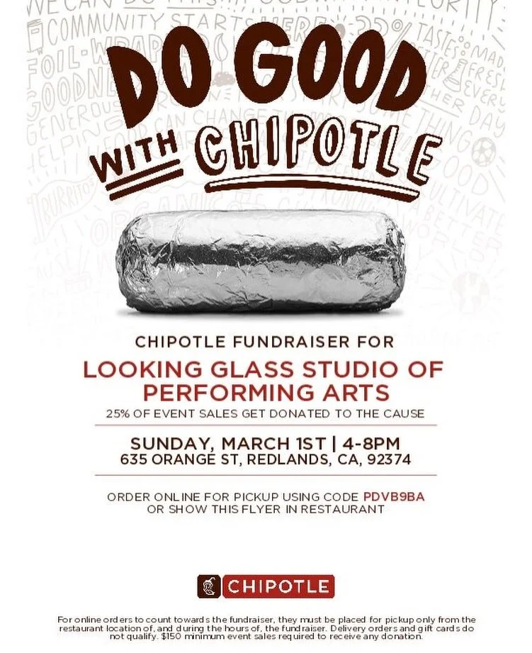 Join us this Sunday at @chipotle and support Looking Glass Studio 🌯✨

A portion of event sales will be donated back to our studio to support our dancers and programs.

📍 Chipotle Redlands
🗓 Sunday, March 1
⏰ 4&ndash;8PM

Show this flyer or use the