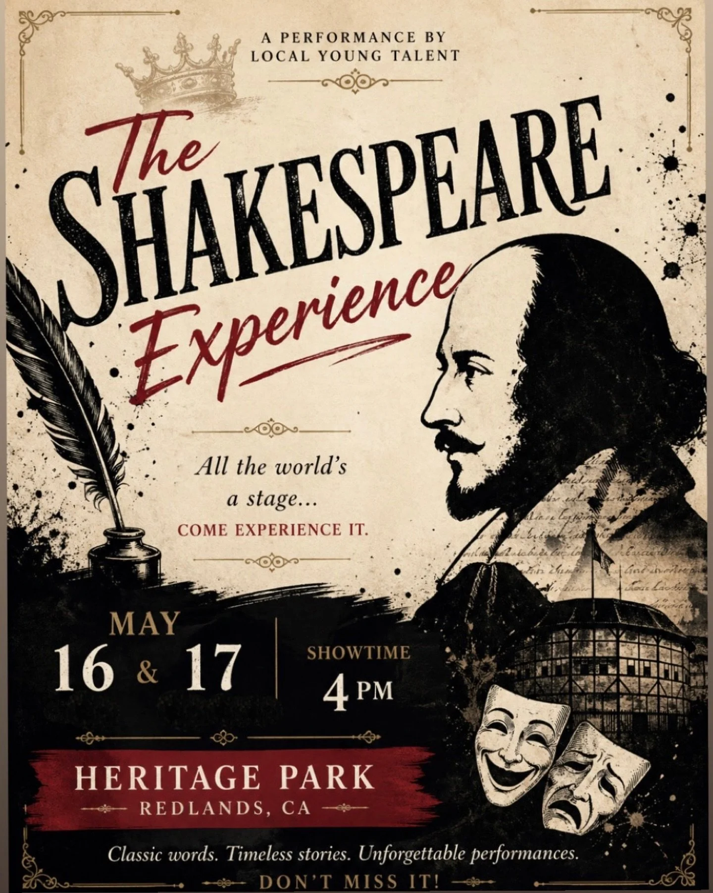 Come watch local young talent take the stage! 🎭
The Shakespeare Experience is free to attend.
May 16 &amp; 17 | 4PM | Heritage Park, Redlands
📍 Redlands, CA | Link in bio for more info.
#Redlands #Shakespeare #DanceStudio