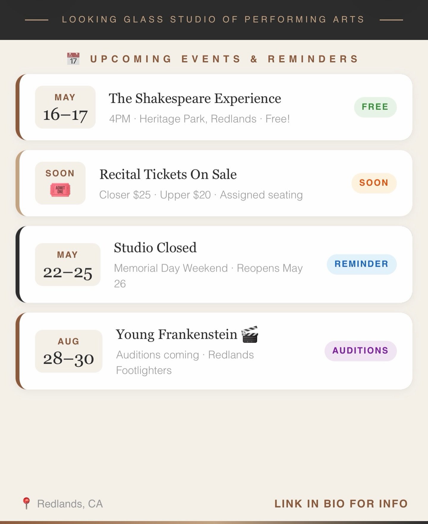 A lot is happening this month! 🎭✨
Save this post so you don&rsquo;t miss a thing.
📍 Redlands, CA | Link in bio for more info.
#Redlands #DanceStudio #DanceRecital