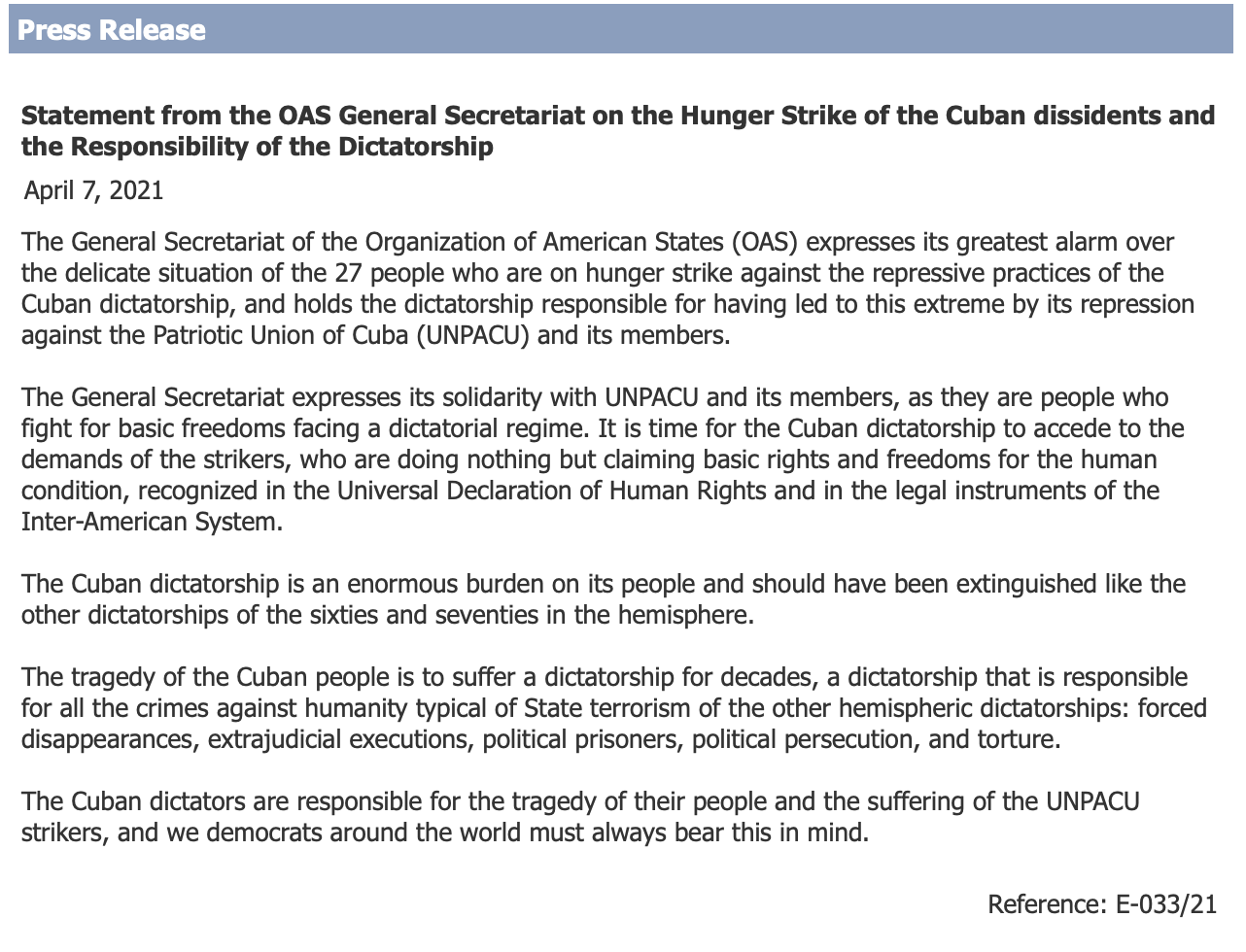 OAS in Solidarity with Activists in a Hunger Strike in Cuba