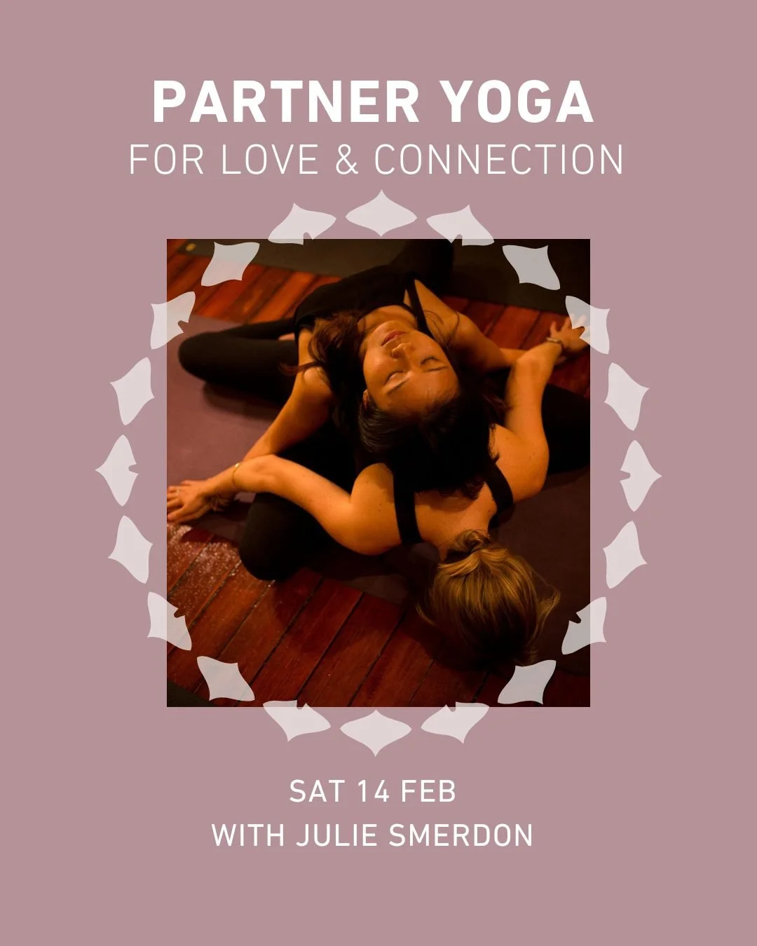 Have you been wanting to introduce your partner to yoga? What better way than in this juicy, love-affirming afternoon of yoga for couples. 

Laugh together, stretch together, massage each other, meditate and enjoy chocolate treats, all while learning