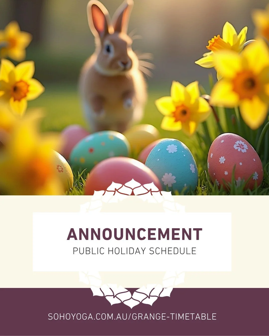 The long weekend approaches! And a reminder of a slightly reduced public holiday schedule:

Thu 2 April
> 7.30pm Yin - CANCELLED

Good Friday
> 6.00am Rise &amp; Shine - CANCELLED
> 5.45pm Relax &amp; Restore - CANCELLED

Easter Sunday
> 