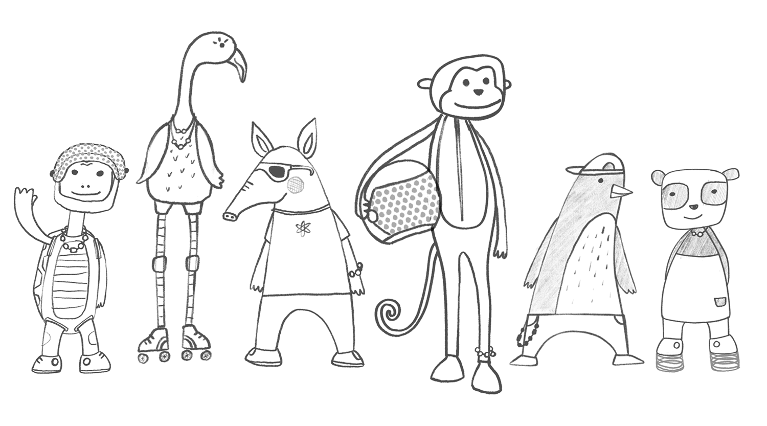 Initial sketches of the six proposed characters