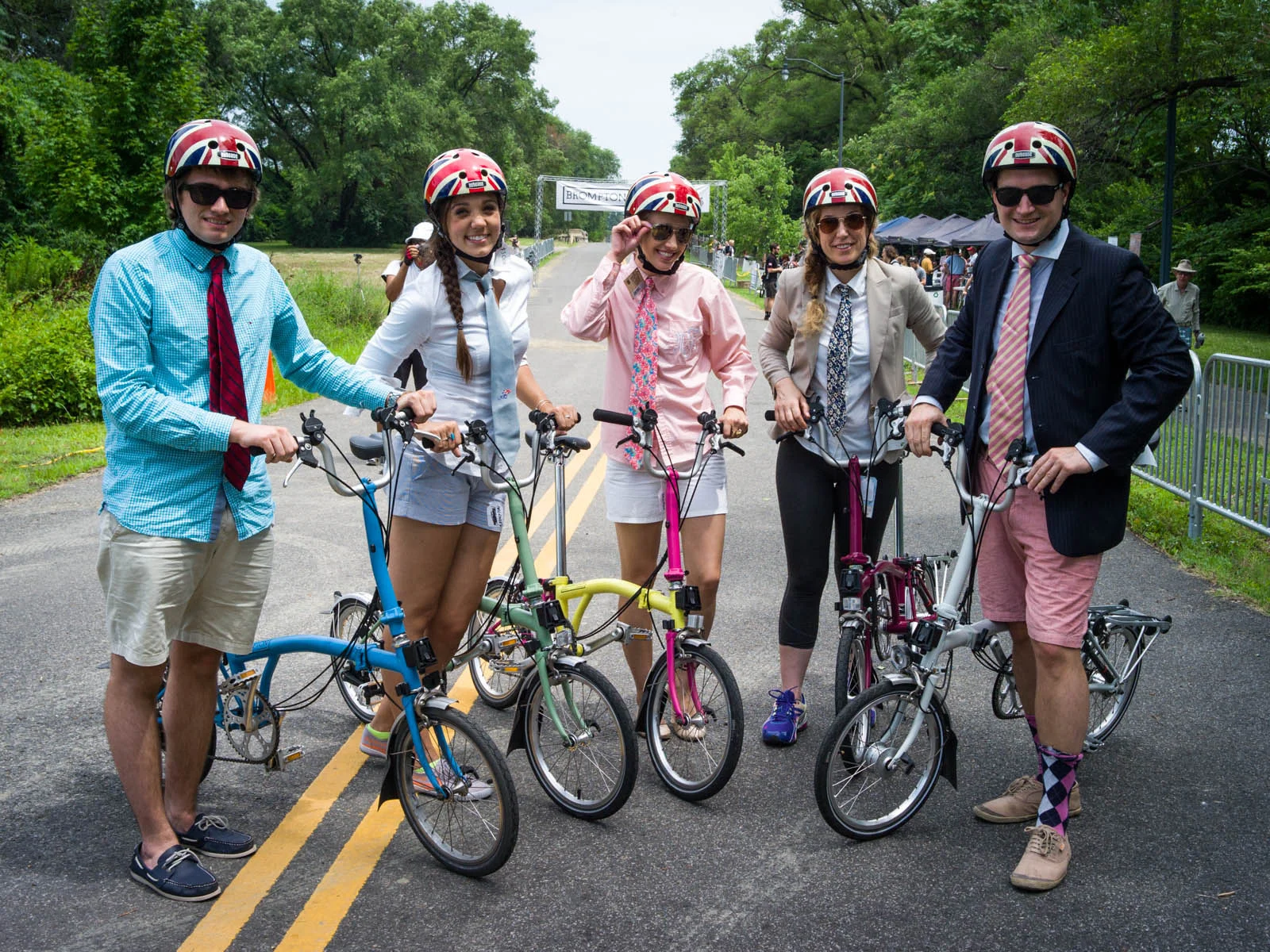 British Embassy staff at the 2014 Brompton U.S. Championship, competing on Brompton bicycles and wearing Union Jack Nutcase helmets