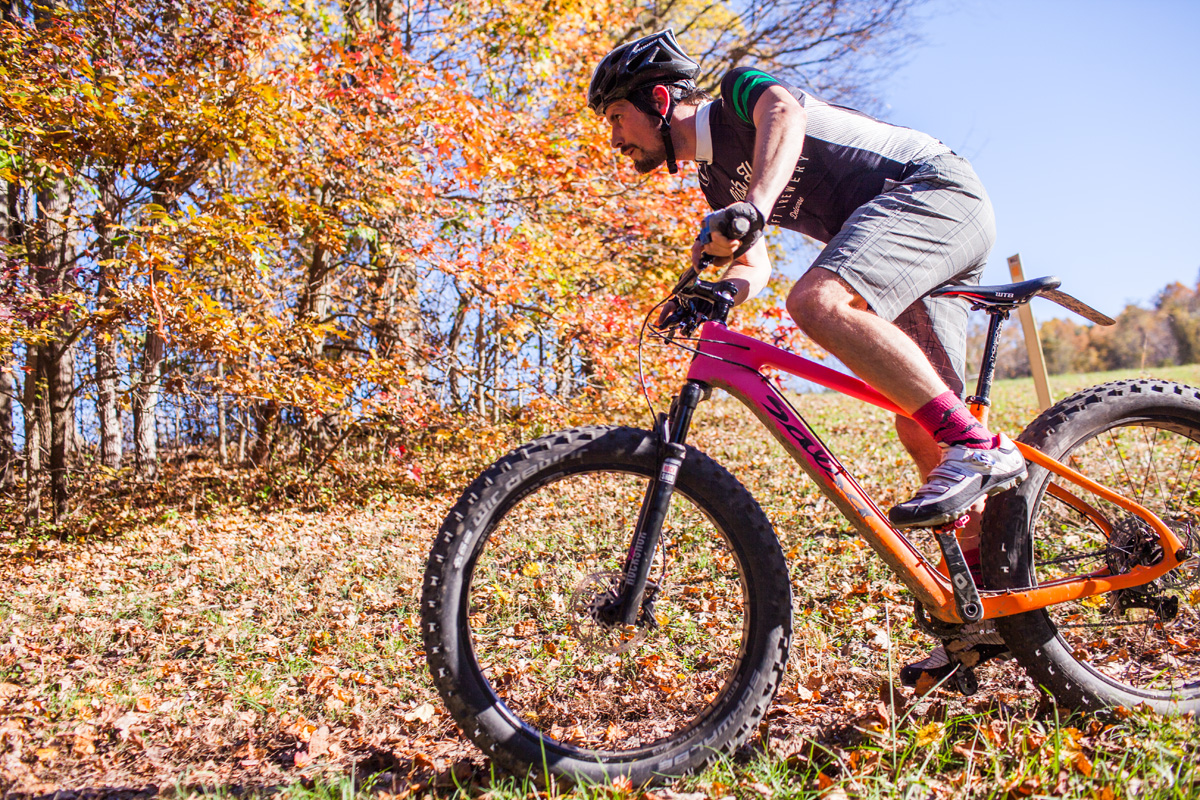 Salsa Bucksaw .... braaapsaw! Our mechanic Scott enjoying the delicious combo of fat and fast that this carbon bike delievers. 