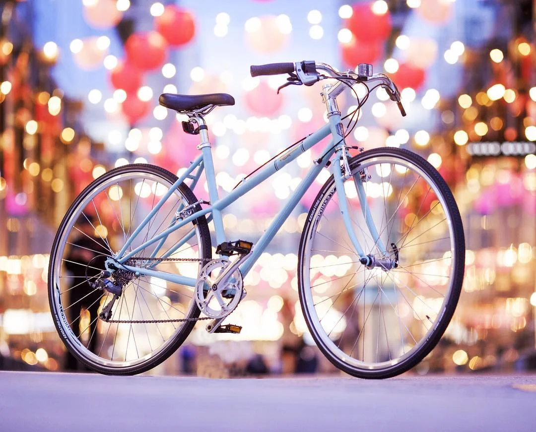 Handsome Cycles, She Devil, a steel mixte with a 1x8 is one of our favorite bikes for getting around the city. Photographed at the beautiful cooridor of lanterns at City Center. 