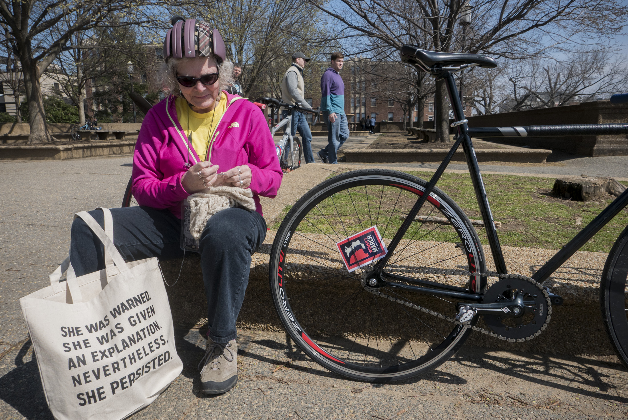 Alicia, like many were racing their first Alley Cat. "I've been knitting since I could tie my shoes," working on what she calls stoplight knitting. 