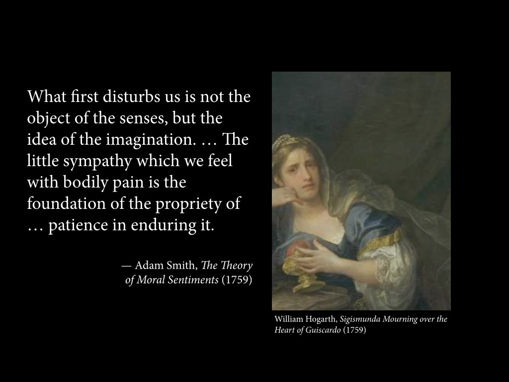 “What first disturbs us is not the object of the senses, but the idea of the imagination. … The little sympathy which we feel with bodily pain is the foundation of the propriety of patience in enduring it.”