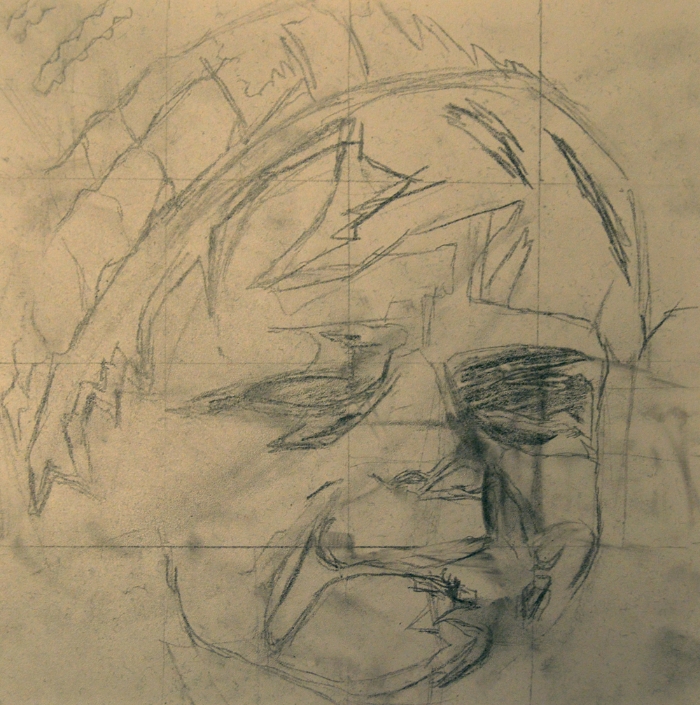 L zombie, 9" x 9", pencil sketch