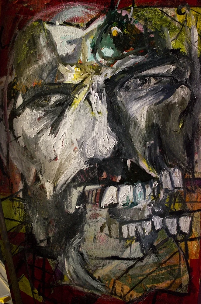 Self with teeth, oil and mixed media on board, 7' x 5'