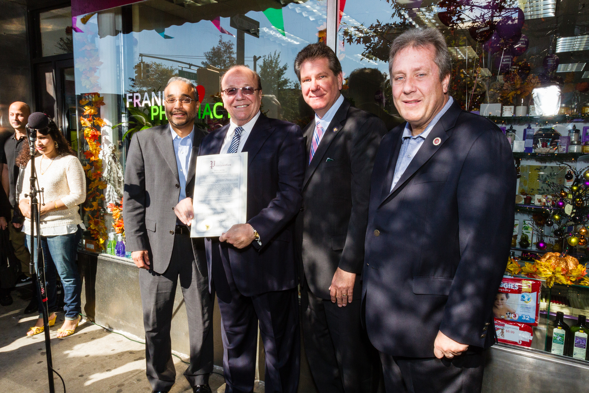 State Senator Jose Peralta, Frank’s Pharmacy owner, Frank Buonagurio, Assemblymember Michael DenDekker, Councilmember Daniel Dromm at the Grand Reopening of Frank’s Pharmacy celebration. Photo Alan Barnett Design and Photography