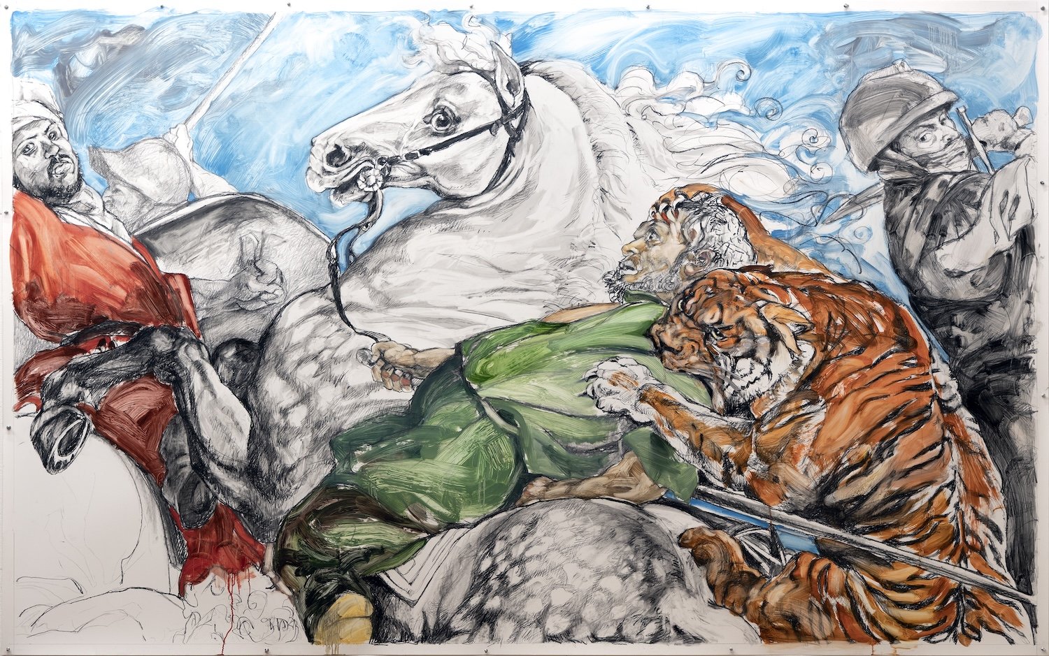 Fairytale Country (After Rubens’ Lion and Tiger Hunt), 2026. First panel, work in progress. Charcoal, graphite, oil on Yupo, 60 × 96″